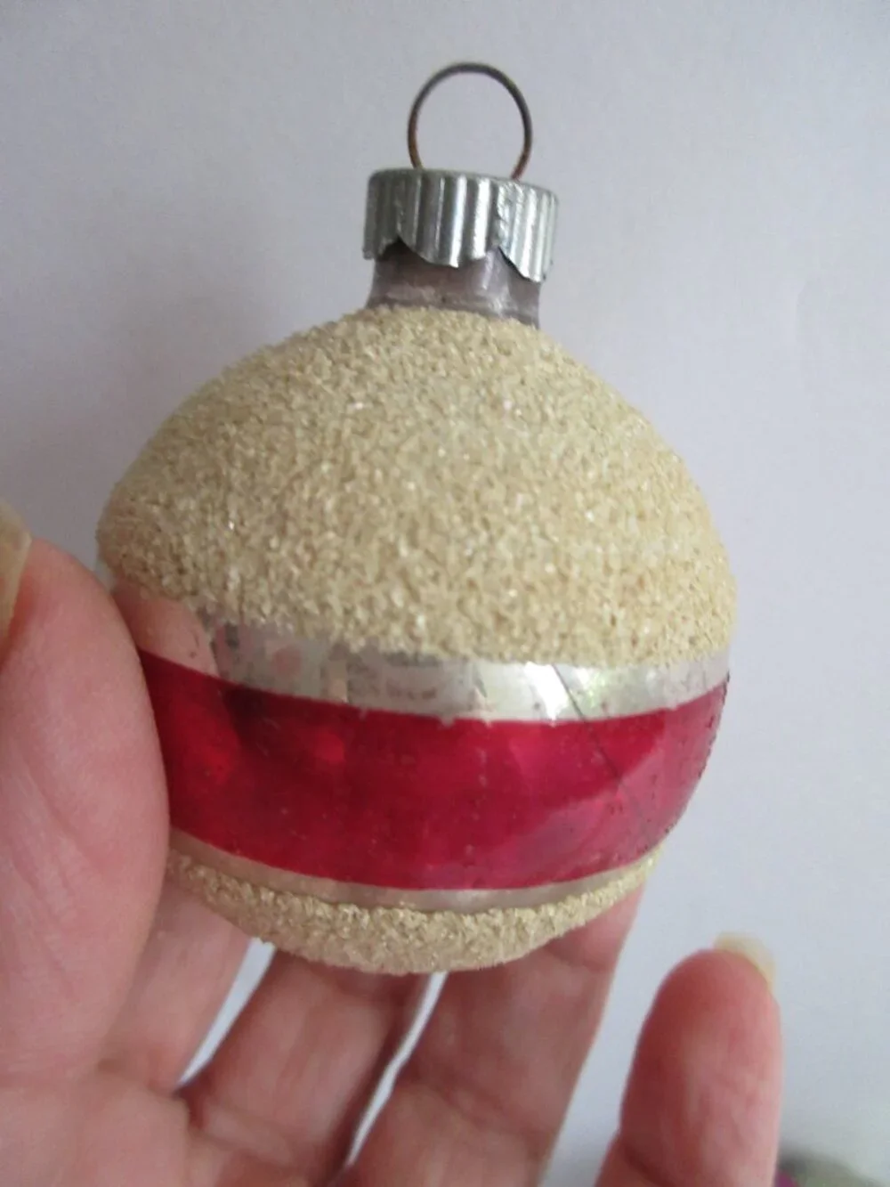 3 Shiny Brite Striped Mica Glass Christmas Ornaments Green, Pink, White Vtg